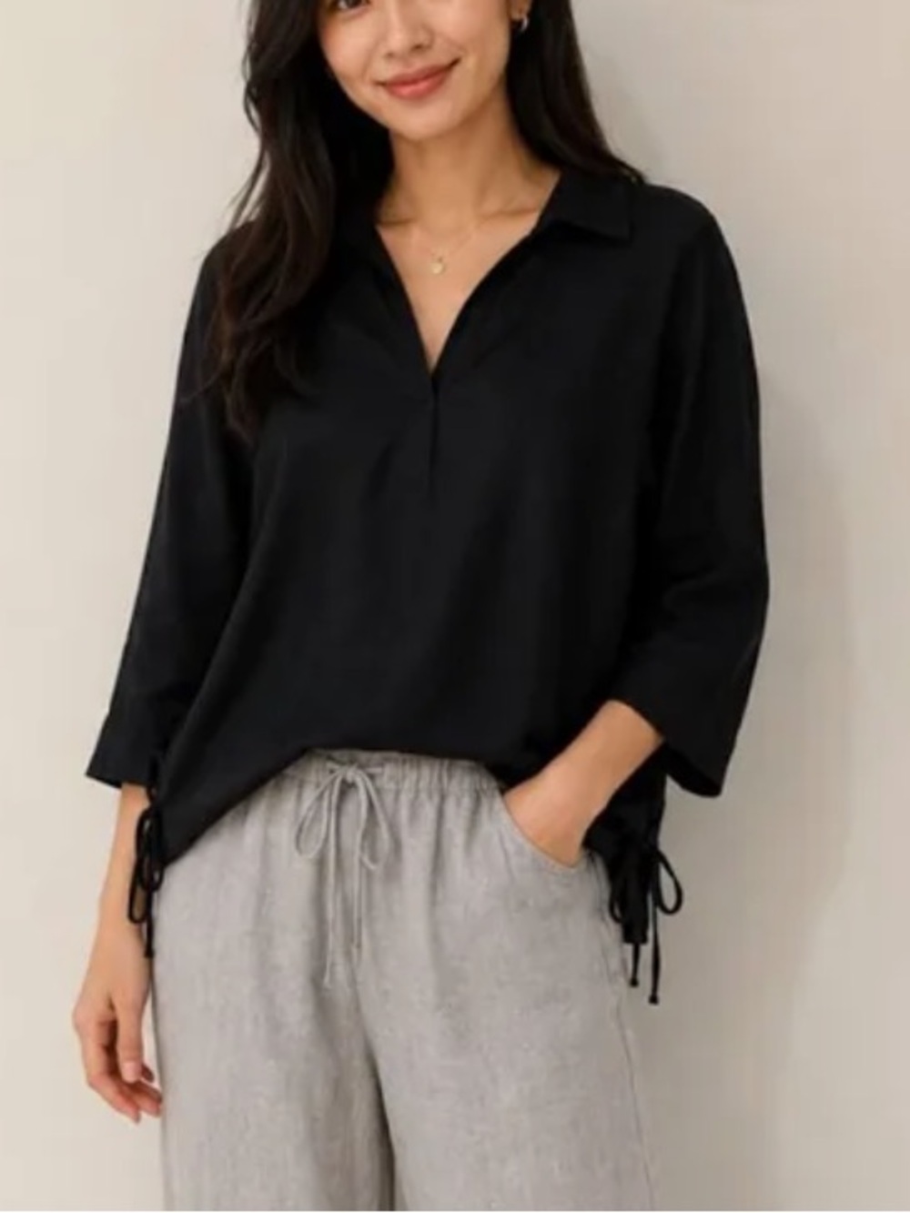 Isaac Mizrahi New York 100% Linen Black Side Tie Blouse Size Small